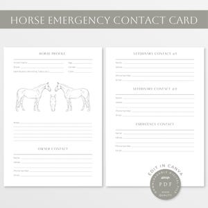 Carte de visite d'urgence pour chevaux | Carte d'informations équine imprimable | Carte de box modifiable pour chevaux | Feuille d'urgence pour grange ou remorque |