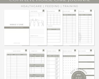 May include: A printable horse care journal with sections for healthcare, feeding, and training. The journal includes pages for horse profile, vet information, weight tracker, feeding plan, training schedule, training checklist, and daily overview. The journal is editable in Canva and is available as a high-quality PDF.