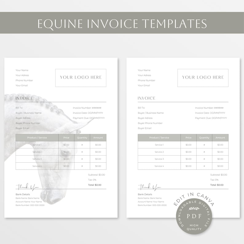 Equine Invoice Template | Minimalist Horse Invoice | Professional Equine Invoice | Customizable Invoice Canva Template |