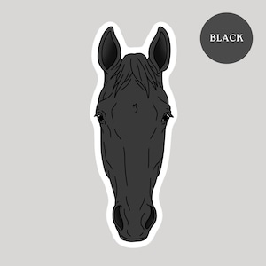 May include: A black horse head illustration with a white border. The horse's head is centered, with the word "BLACK" in a dark gray circle in the upper right corner. The horse's eyes, ears, and nose are visible.
