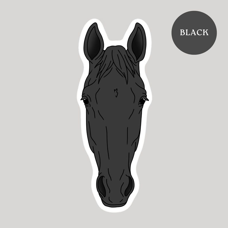 May include: A black horse head illustration with a white border. The horse's head is centered, with the word "BLACK" in a dark gray circle in the upper right corner. The horse's eyes, ears, and nose are visible.