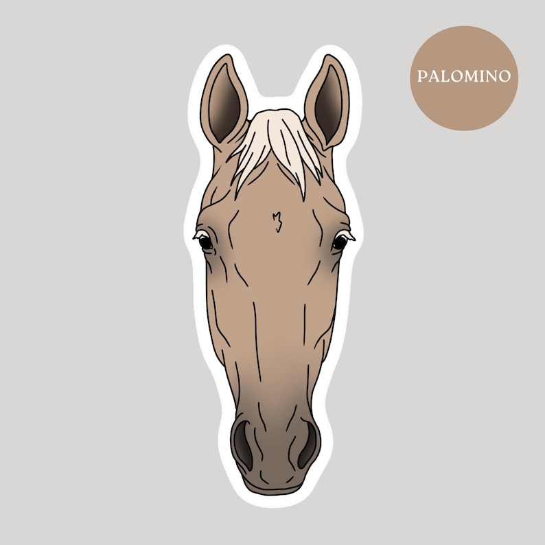May include: A sticker featuring a Palomino horse head illustration. The horse has a tan coat, a white mane, and dark eyes. The word "PALOMINO" is in a brown circle in the upper right corner. The sticker has a white border and a gray background.