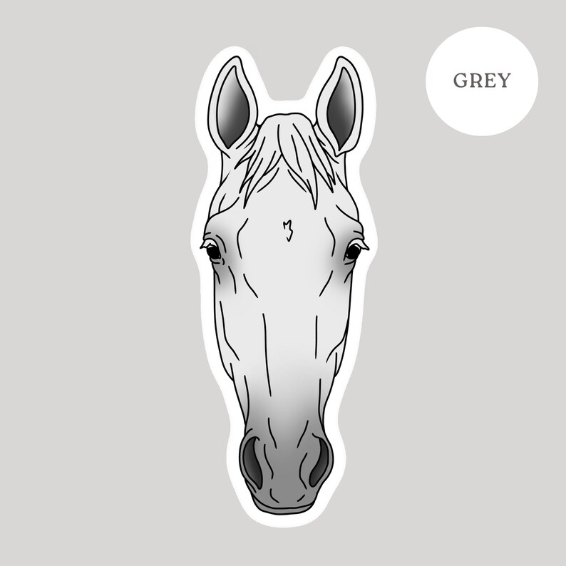 May include: A sticker featuring a stylized illustration of a horse's head. The horse is depicted in shades of gray and white, with black outlines. The word "GREY" is in a white circle in the upper right corner. The background is a light gray.