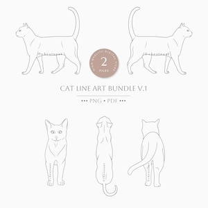 Puede incluir: Paquete de ilustraciones de arte de línea de un gato en varias poses. El paquete incluye dos archivos digitales, PNG y PDF. El gato se representa de pie, sentado y de espaldas.