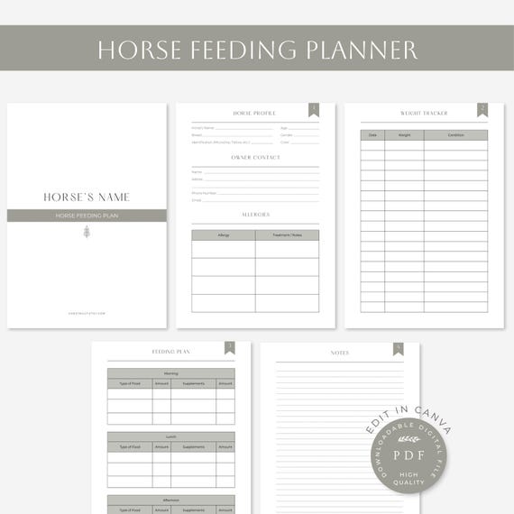 Horse Feeding Planner | Equine Meal Tracker | Printable Feed Schedule | Editable Horse Nutrition Log | Horse Weight Tracker | PDF Download |