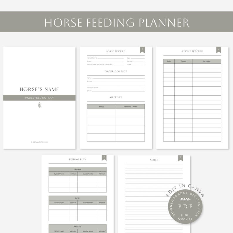 Horse Feeding Planner | Equine Meal Tracker | Printable Feed Schedule | Editable Horse Nutrition Log | Horse Weight Tracker | PDF Download |
