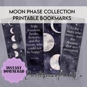 Marque-pages à imprimer Phase de lune, Citations de livres, Marque-page numérique, Marque-page personnalisé, Ensemble de marque-pages Lune, Amoureux des livres, Club de lecture, Étiquette cadeau