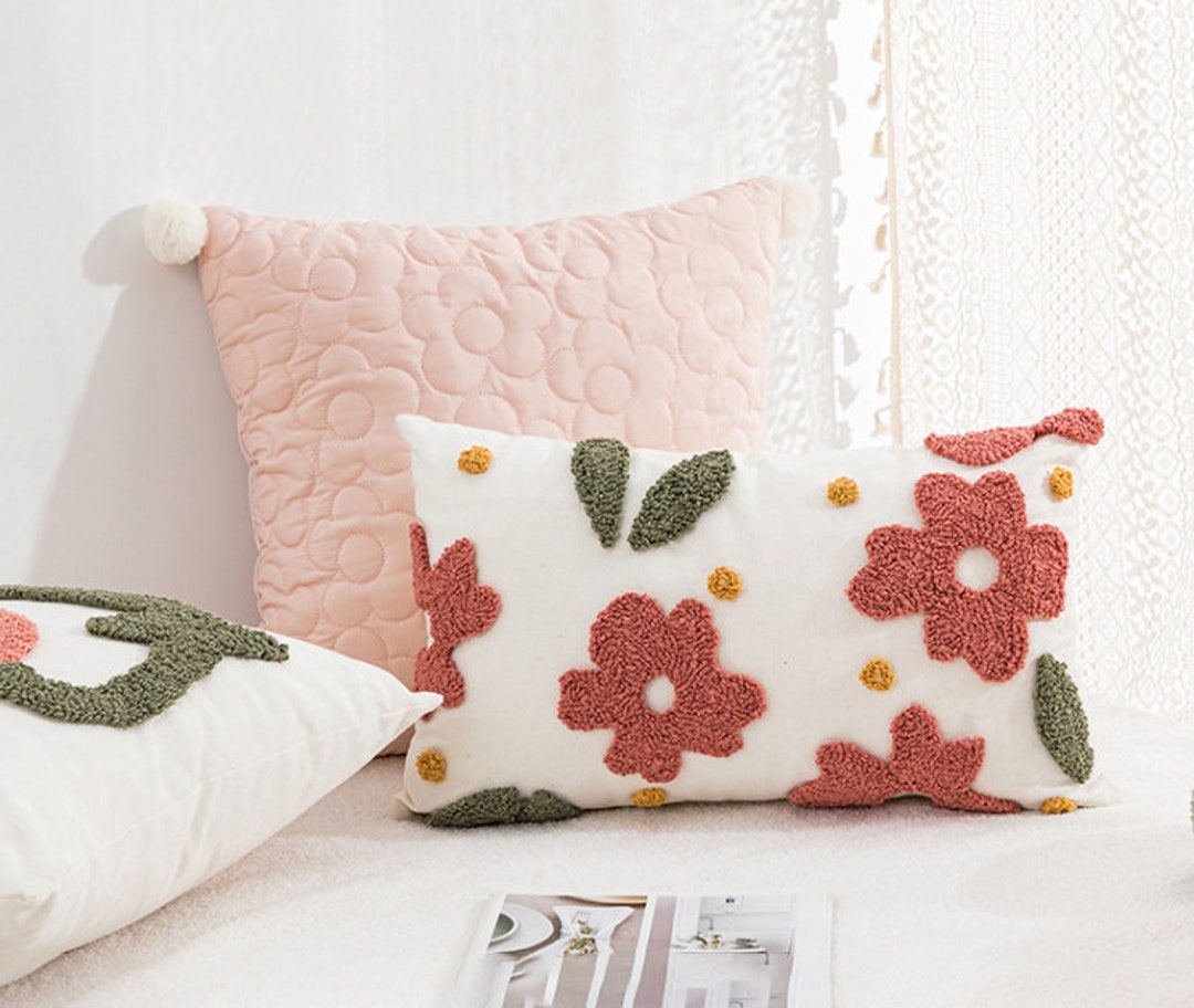 Pink Flower Pillow Case Cute Solid Pillow Flower Embroidered Etsy