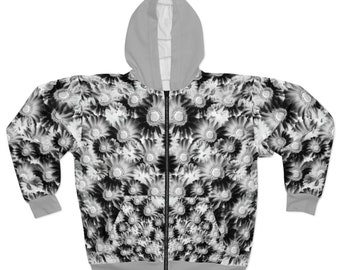 Unisex hoodie met rits (AOP) Grijze hoodie met madeliefjespatroon