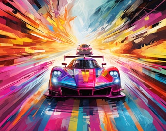 Digital art - Fast Race Cars speeding in a kaleidoscope tunnel - 600dpi - v2