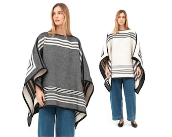 Poncho réversible unisexe noir et blanc, poncho en laine naturelle, poncho carré, poncho en laine, poncho, poncho beige, poncho noir