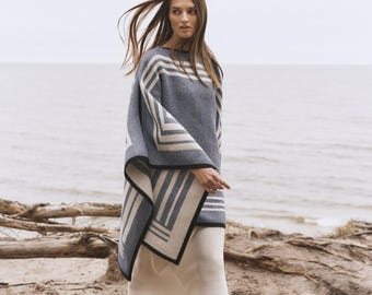 Wollen omkeerbare poncho trui grote maten handgemaakte lamswollen poncho cape voor vrouwen gebreide trui heren Scandinavische duurzame kleding