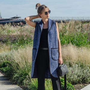 Wool Sweater Vest with Pockets, Open-Front Navy Waistcoat, Sleeveless Cardigan Coat, Long Upcycled Fall Winter Gilet for Women