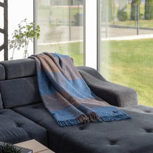 Wool Throw Blanket Couch, Blue Woven Plaid Blanket, Housewarming New Home Gift, Living Room Decor