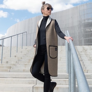 Wool Sweater Vest with Pockets, Open-Front Beige Waistcoat, Sleeveless Cardigan Coat, Long Upcycled Fall Winter Gilet for Women