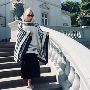White Poncho Sweater Plus Size Handmade Lambswool Poncho Cape for Women Knitted Pullover Men Scandinavian Sustainable Clothing