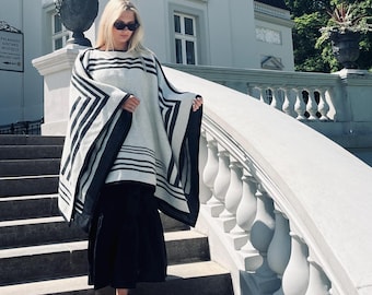 White Poncho Sweater Plus Size Handmade Lambswool Poncho Cape for Women Knitted Pullover Men Scandinavian Sustainable Clothing