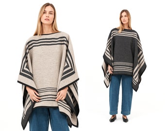 Handmade Lambswool Poncho Cape for Women, Woollen Reversible Poncho Sweater Plus Size Knitted Pullover Men Scandinavian Sustainable Clothing