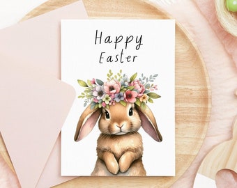 Carte imprimable florale de lapin de Pâques Carte de voeux de lapin mignon Téléchargement numérique Carte de célébration de Joyeuses Pâques Décoration florale de lapin de Pâques