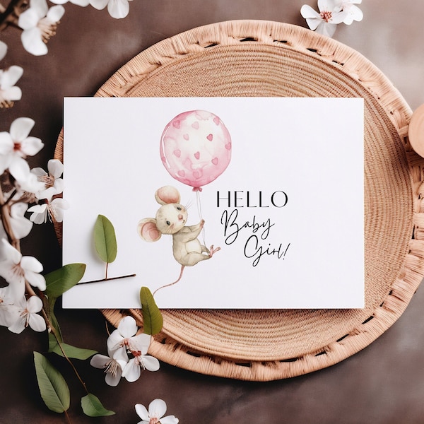 Hello Baby Girl Printable Card DIGITAL Download Printable Cute Mouse and Pink Balloon Welcome Baby Girl Card New Baby Card Baby Shower Gift