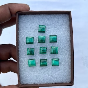 May include: A box of twelve green malachite gemstone cabochons, each cut into a square shape. The cabochons are arranged in a grid pattern in the box.