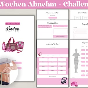 Op de afbeelding: Een 12-weekse gewichtsafnameplanner met een roze en wit ontwerp. De planner bevat secties voor het bijhouden van gewicht, motivatie, maaltijdplannen en lichaamsmetingen. De omslag toont een roze sporttas, een waterfles en een springtouw.