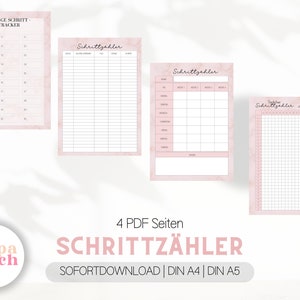Op de afbeelding: Printbare stappenteller-tracker in roze en wit met een marmerpatroon. De tracker bevat vier pagina's met verschillende lay-outs voor het bijhouden van stappen, afstand, verbrande calorieën en tijd besteed aan het sporten. De tekst op de pagina luidt "30 Tage Schritt Tracker", "Schrittzahler", en "4 PDF Seiten SCHRITTZÄHLER SOFORTDOWNLOAD | DIN A4 | DIN A5".