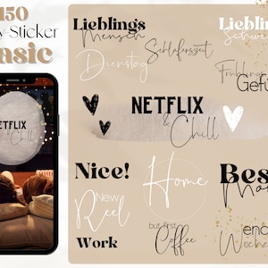 Könnte beinhalten: Ein Set mit 150 digitalen Story-Stickern mit verschiedenen Designs, darunter Text, Herzen und Illustrationen. Die Sticker sind in Schwarz, Weiß und Gold auf einem beigefarbenen Hintergrund. Der Text enthält Sätze wie "Netflix & Chill", "Best Mom" und "Lieblings Menschen".