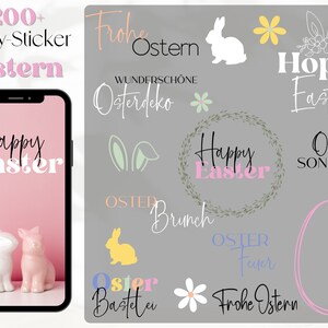 Könnte beinhalten: Eine Sammlung von digitalen Osterstickern mit Hasen, Blumen, Eiern und Text in Englisch und Deutsch. Die Sticker beinhalten Sätze wie "Happy Easter", "Hoppy Easter", "Oster" und "Frohe Ostern".
