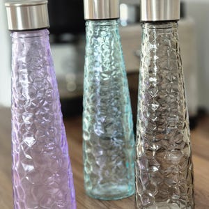 Glass Bedside Carafe Set (3 Bottles) - Blue, Smoky Gray, Pink - Elegant Water Pitcher Trio with Lids