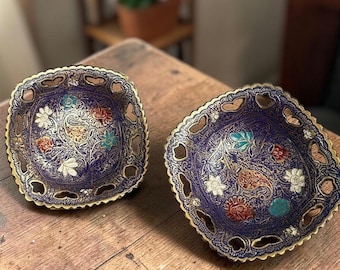 Vintage Enamel Brass Bowls Set | Cobalt Blue Floral Mina Work Persian Style