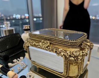 Gold Jewelry Box – Ornate Glass Keepsake Box – Baroque Style Vanity Decor