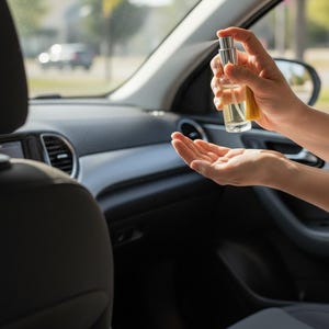 Op de afbeelding: Een heldere glazen spuitfles met een zilveren dop wordt in een auto gebruikt. De fles spuit een fijne nevel op de open handpalm van een persoon. Het interieur van de auto is zwart en grijs.