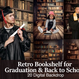May include: A set of 20 digital backdrops featuring a retro bookshelf with various books. The backdrops are ideal for graduation photos or back to school photos.