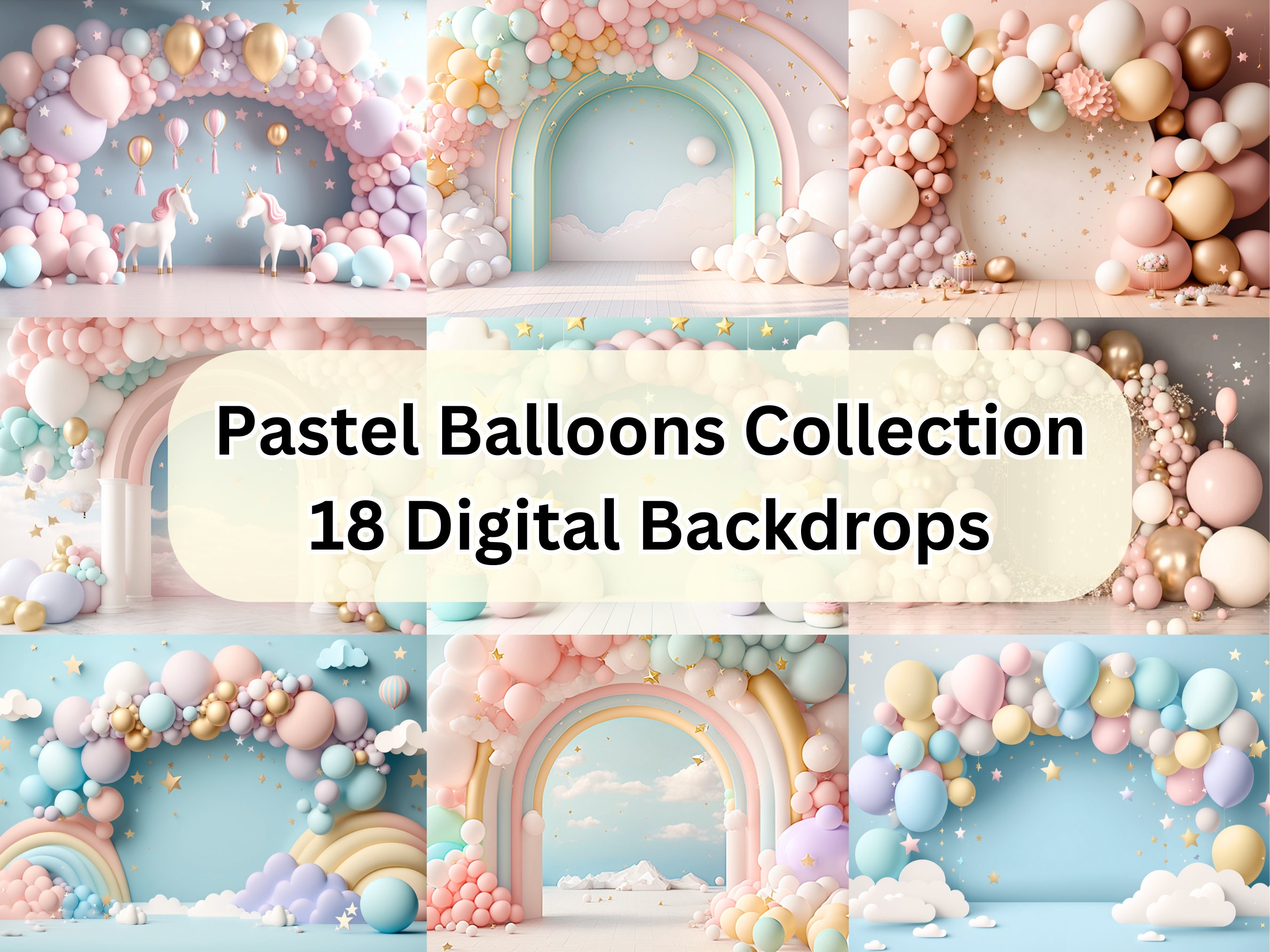 18 Pastel Balloons Digital Backdrops, Rainbow Balloon Arch Backdrop, Cake  Smash, Photoshop Template, Photography Digital Background Overlays 