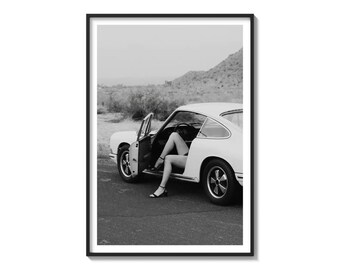 Vintage Porsche Art Print, Black and White Fashion Photography, Classic Car Wall Decor, Minimalist Desert Poster, Trendy Aesthetic Wall Art