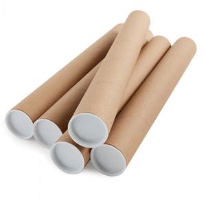May include: A collection of brown cardboard mailing tubes with white plastic end caps. The tubes are cylindrical and vary in length, stacked together on a white background. Ideal for shipping posters or artwork.