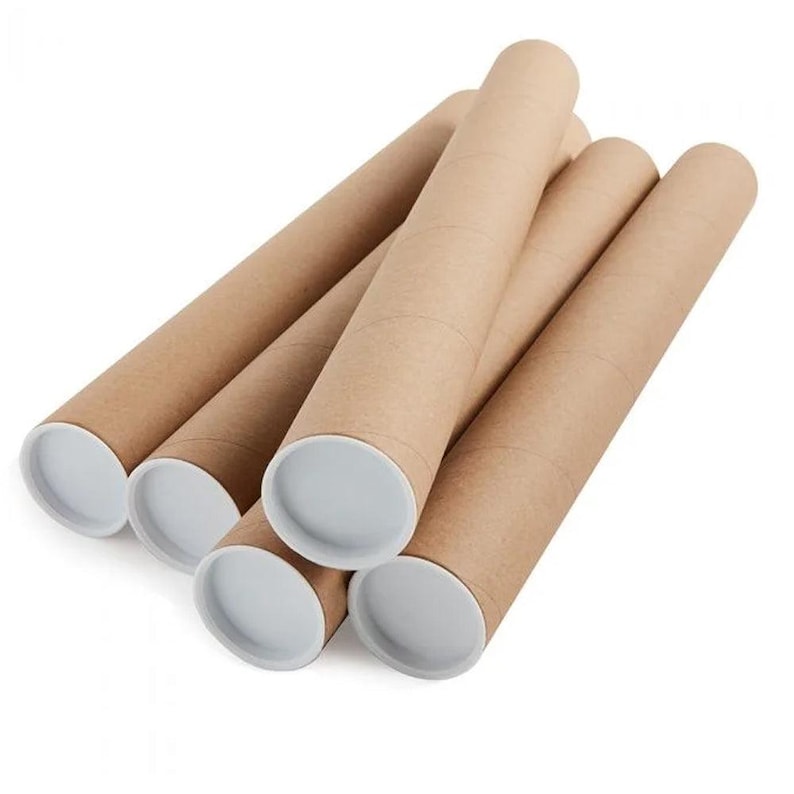 May include: A collection of brown cardboard mailing tubes with white plastic end caps. The tubes are cylindrical and vary in length, stacked together on a white background. Ideal for shipping posters or artwork.