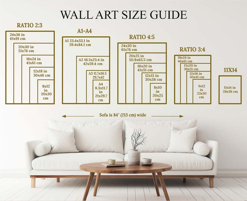 May include: Wall art size guide with dimensions in inches and centimeters. Displays various aspect ratios: 2:3, 4:5, 3:4, and 11x14, along with A1-A4 sizes. The guide includes measurements for different print sizes, such as 24x36 inches and 8x12 inches. A sofa, 84 inches wide, is shown below.
