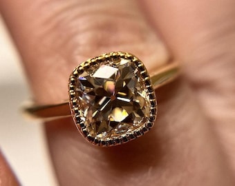2.5CT Old Mine Elongated Champagne Color Cushion Cut Milgrain Bezel with lattice setting Moissanite Engagement Ring with/without shoulders