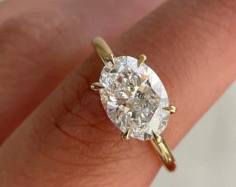 2.0CT East West Oval Cut Moissanite Diamond Engagement Ring | 10/14/18K Gold Horizontal Wedding/Anniversary Ring, Six Prong Forever Ring