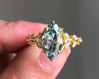 2.0CT Blue Green Marquise Cut Moissanite Engagement Ring.10/14/18K Vintage Style Ring. Marquise Twig Ring. Yellow Gold Bridal Wedding Ring.