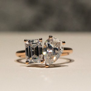 Pear And Emerald Cut Moissanite Toi Et Moi Ring / Double Diamond Engagement Ring / 14K Yellow Gold Two Stone / Toi Et Moi Moissanite Ring