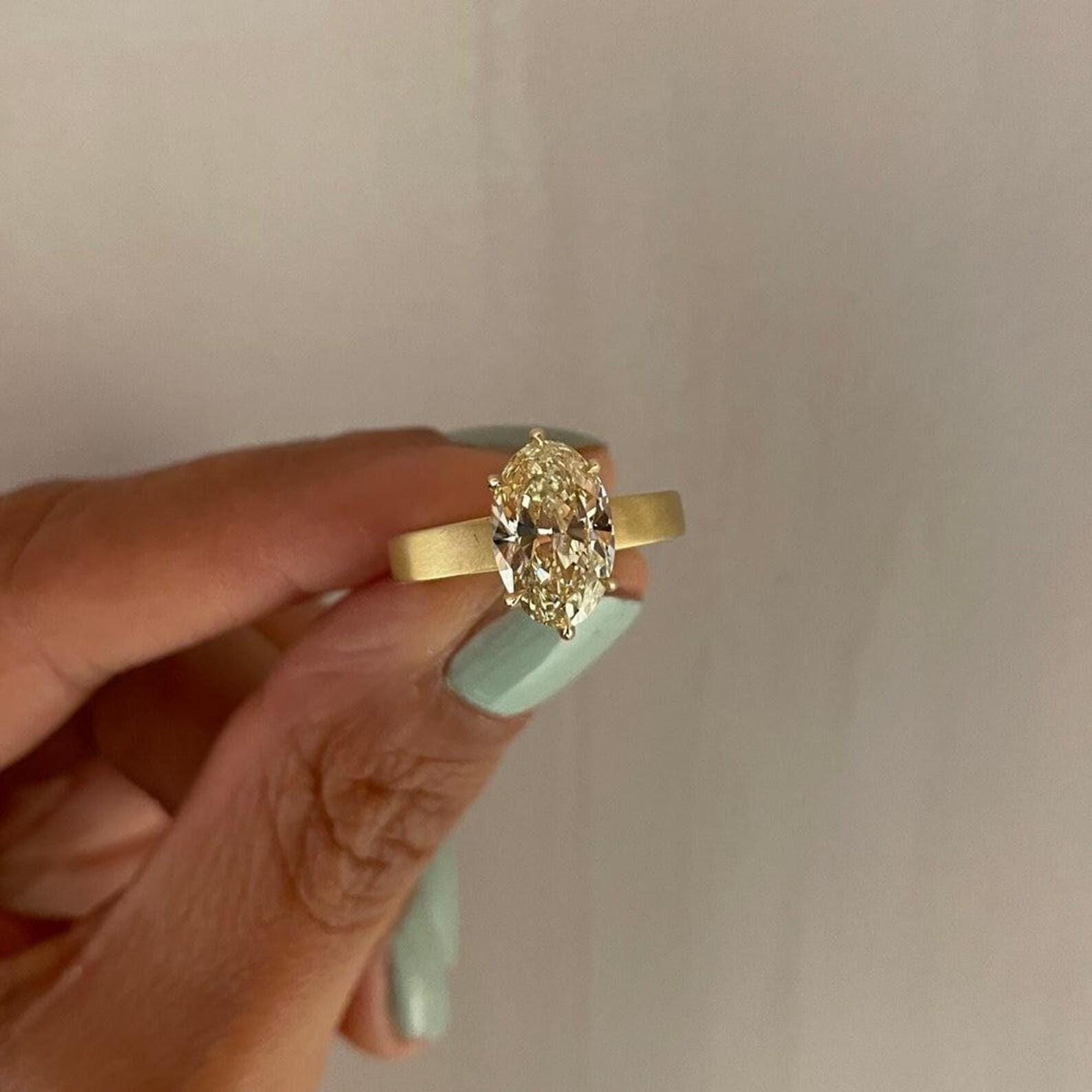 Unique 3CT Light Yellow Moissanite Diamond Engagement Ring | 10/14/18K Yellow Gold Broad Band Modern Style Anniversary/Wedding Ring For Her
