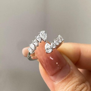 14k Solid Gold Pear Diamond Wedding Band, Half Eternity Stackable Ring, Diamond Wedding Ring, Minimalist Ring, Anniversary Gifts Women