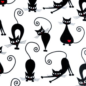May include: A white background with a repeating pattern of black cats with red hearts. The cats are in various poses, including sitting, standing, and stretching.