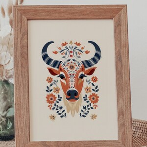 Folk art cow, scandinavian style cow, folk art design, horns wall art, digital download, norwegian folk art, scandinavian style cow,