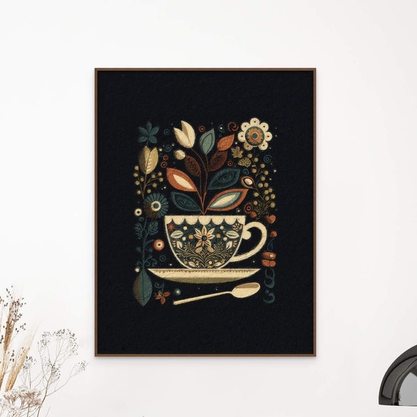Scandinavian folk Art, dark Coffee art design, Dark Wall Art, Digital Download, Norwegian Wall Art, Scandinavian Print