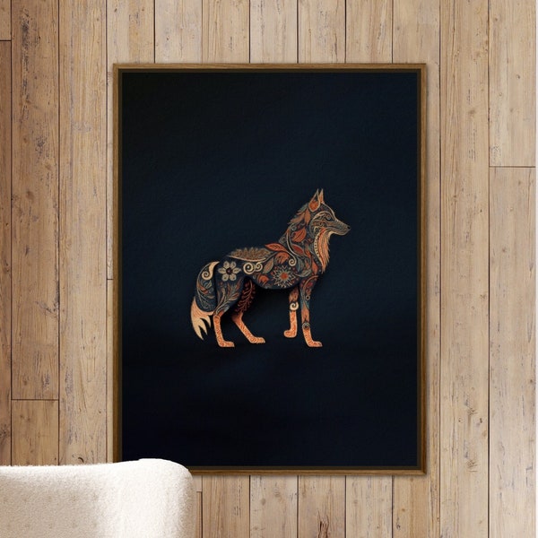 Scandinavian folk Art wolf, Scandinavian Print, Swedish design, Dark Wall Art, Digital Download, Norwegian Wall Art,