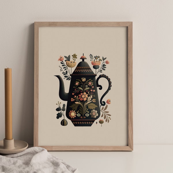 Scandinavian folk Art style Coffee Pot, Scandinavian Print, Swedish design, Light Wall Art, Digital Download, Norwegian Wall Art,